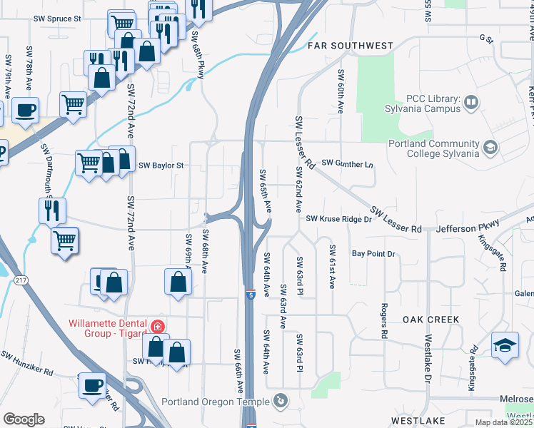 map of restaurants, bars, coffee shops, grocery stores, and more near 12700 Southwest 65th Avenue in Portland