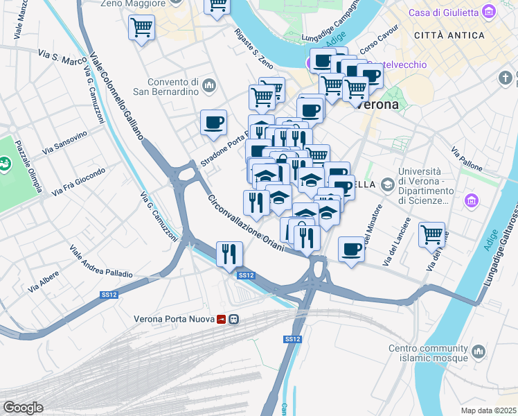 map of restaurants, bars, coffee shops, grocery stores, and more near 8 Piazza Renato Simoni in Verona