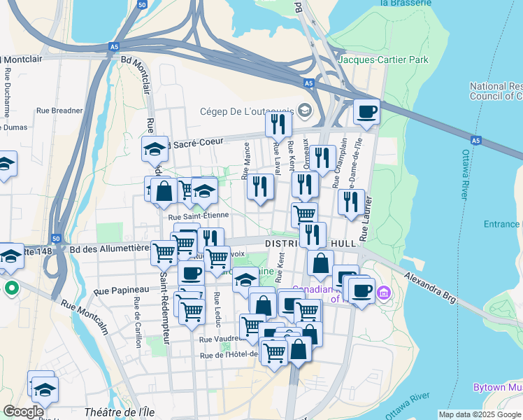 map of restaurants, bars, coffee shops, grocery stores, and more near in Gatineau
