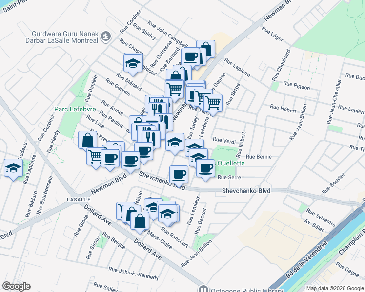 map of restaurants, bars, coffee shops, grocery stores, and more near Rue Dora in Montréal