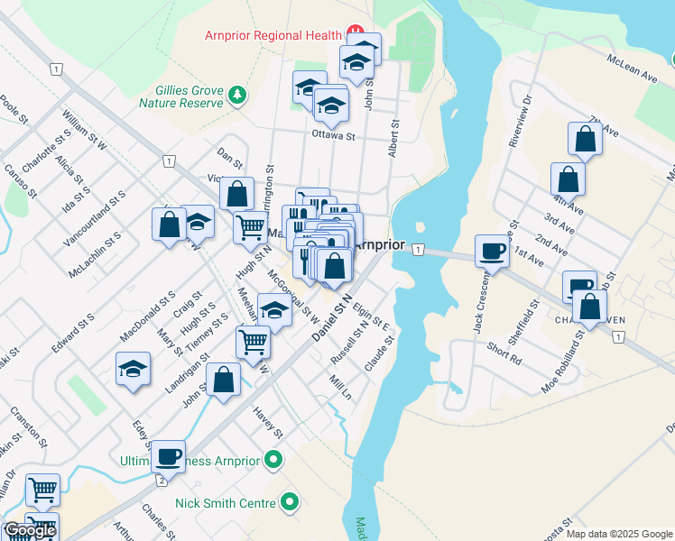 map of restaurants, bars, coffee shops, grocery stores, and more near 19 Elgin Street West in Arnprior