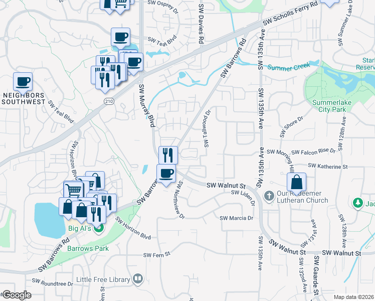 map of restaurants, bars, coffee shops, grocery stores, and more near 14172 Southwest Barrows Road in Tigard