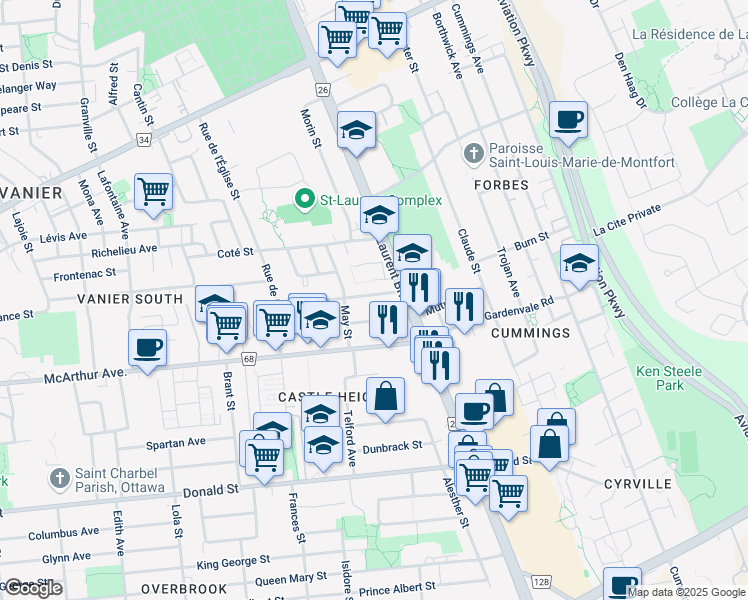 map of restaurants, bars, coffee shops, grocery stores, and more near 548 Guy Street in Ottawa