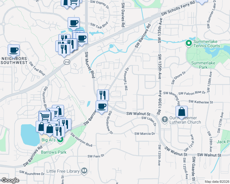 map of restaurants, bars, coffee shops, grocery stores, and more near 14184 Southwest Barrows Road in Tigard