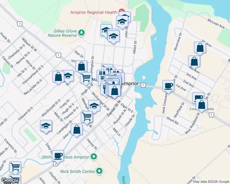 map of restaurants, bars, coffee shops, grocery stores, and more near 129 John Street North in Arnprior