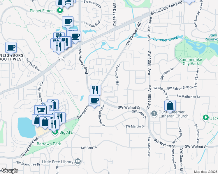 map of restaurants, bars, coffee shops, grocery stores, and more near 14184 Southwest Barrows Road in Tigard