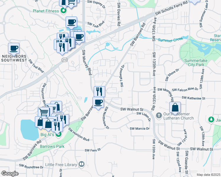 map of restaurants, bars, coffee shops, grocery stores, and more near 14184 Southwest Barrows Road in Tigard