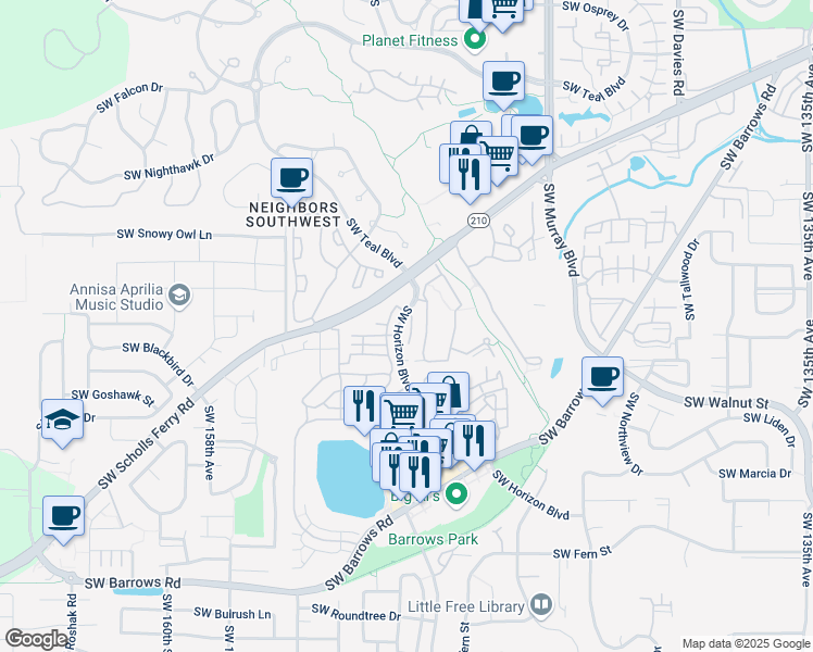 map of restaurants, bars, coffee shops, grocery stores, and more near 11963 Southwest Horizon Boulevard in Beaverton