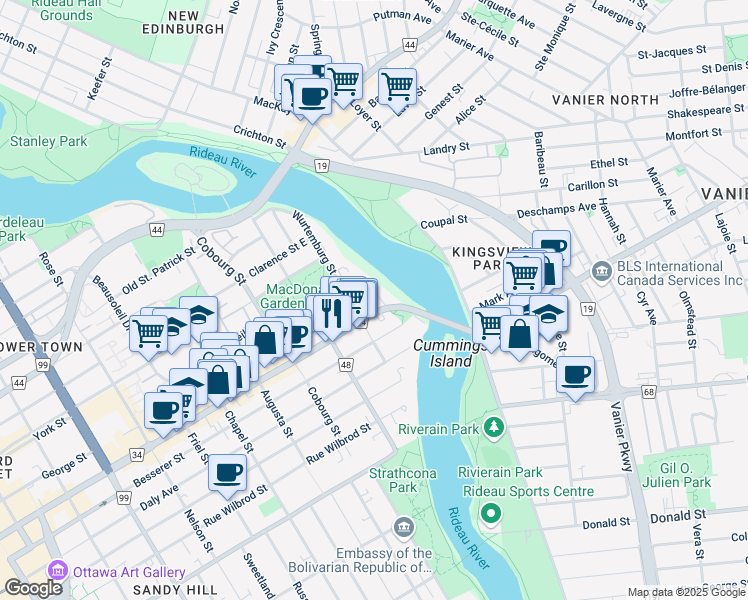 map of restaurants, bars, coffee shops, grocery stores, and more near in Ottawa