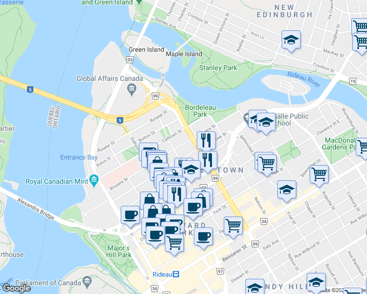 map of restaurants, bars, coffee shops, grocery stores, and more near 207 Saint Andrew Street in Ottawa