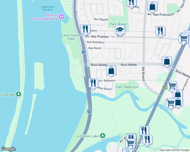 map of restaurants, bars, coffee shops, grocery stores, and more near 9314 Rue Riverin in Brossard