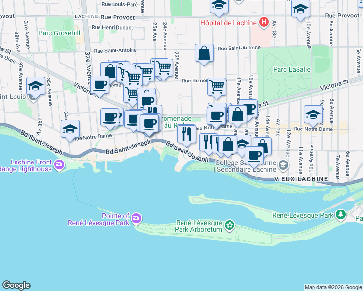 map of restaurants, bars, coffee shops, grocery stores, and more near 2150 Boulevard Saint-Joseph in Montréal