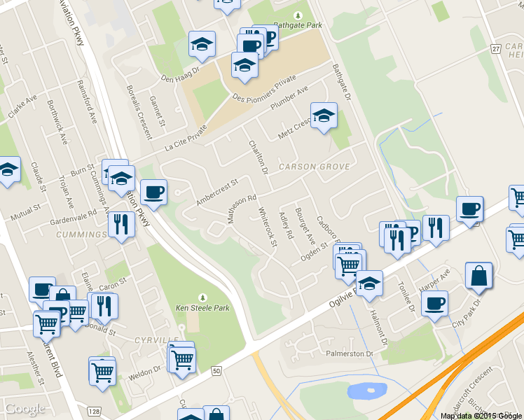 map of restaurants, bars, coffee shops, grocery stores, and more near 1187 Whiterock Street in Ottawa