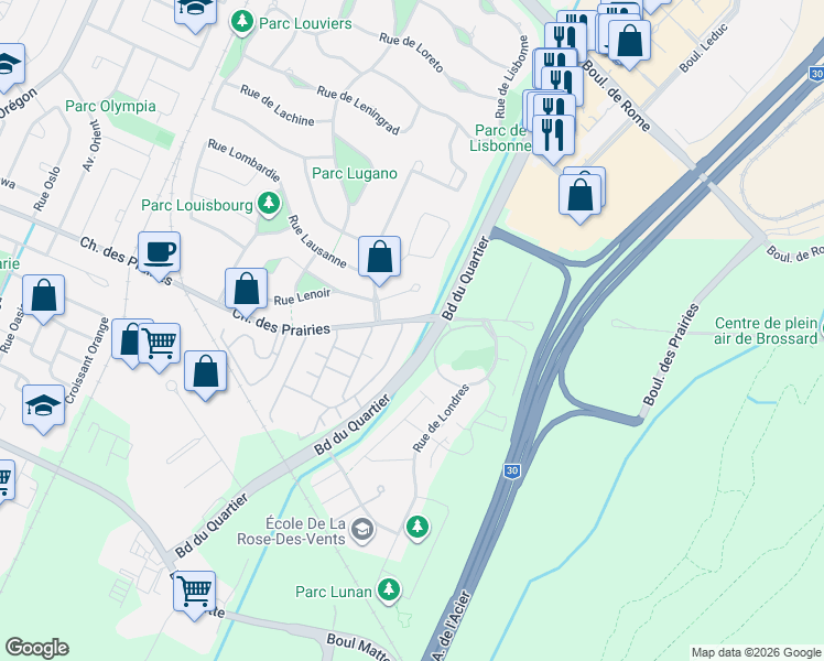 map of restaurants, bars, coffee shops, grocery stores, and more near 9194 Croissant du Louvre in Brossard
