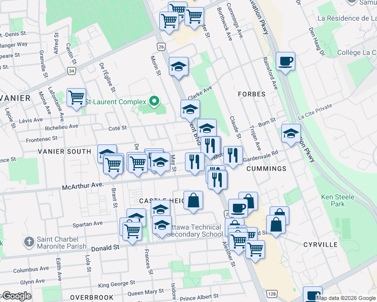 map of restaurants, bars, coffee shops, grocery stores, and more near 548 Guy Street in Ottawa