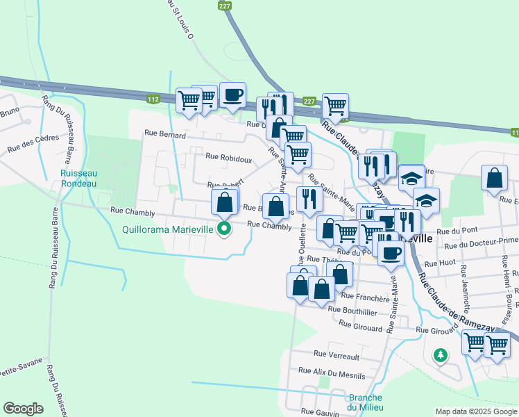 map of restaurants, bars, coffee shops, grocery stores, and more near Rue Bourdages in Marieville
