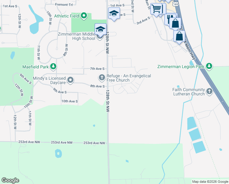 map of restaurants, bars, coffee shops, grocery stores, and more near 25548 Pine Ridge Road in Zimmerman