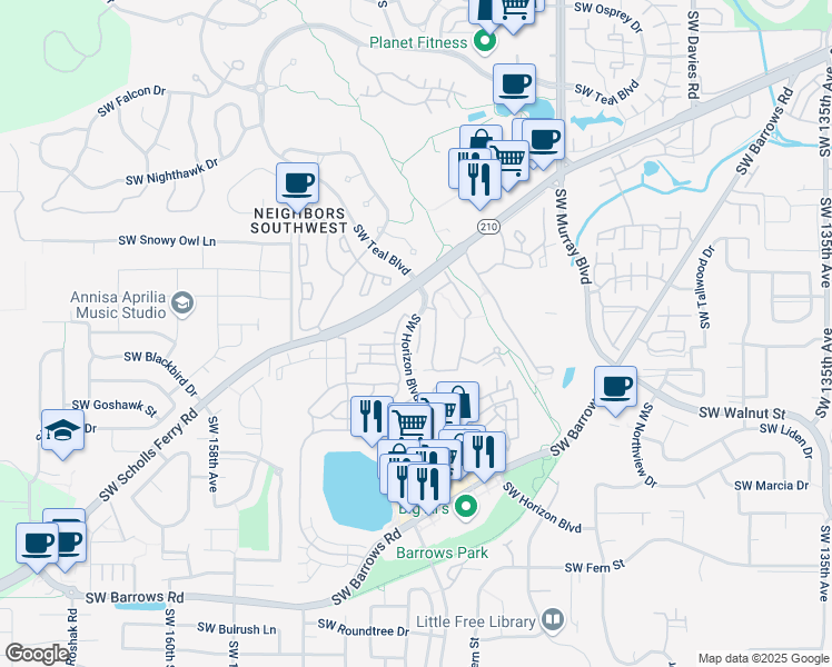 map of restaurants, bars, coffee shops, grocery stores, and more near 11963 Southwest Horizon Boulevard in Beaverton