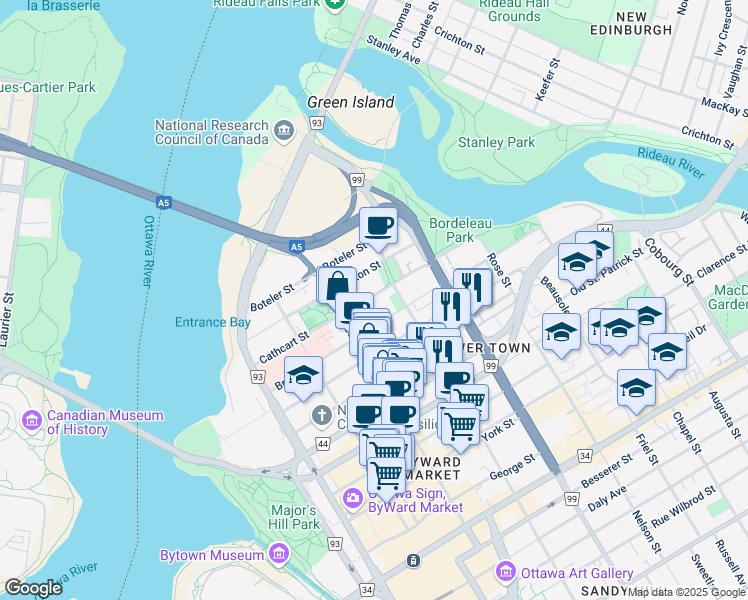 map of restaurants, bars, coffee shops, grocery stores, and more near 200 Cathcart Street in Ottawa