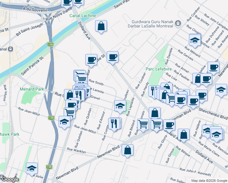 map of restaurants, bars, coffee shops, grocery stores, and more near 194 Rue Smith in Montréal