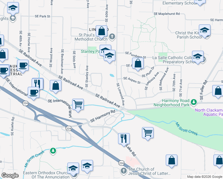 map of restaurants, bars, coffee shops, grocery stores, and more near 12390 Southeast 60th Court in Milwaukie