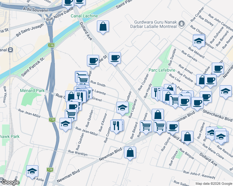 map of restaurants, bars, coffee shops, grocery stores, and more near 194 Rue Smith in Montréal
