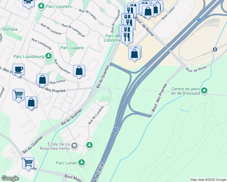 map of restaurants, bars, coffee shops, grocery stores, and more near 8005 Rue de Londres in Brossard