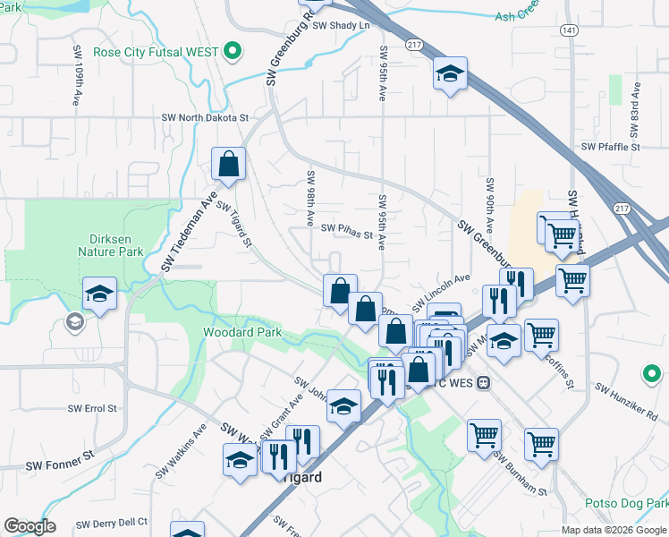 map of restaurants, bars, coffee shops, grocery stores, and more near 9731 Southwest London Court in Tigard