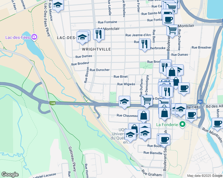 map of restaurants, bars, coffee shops, grocery stores, and more near 52 Rue Labelle in Gatineau