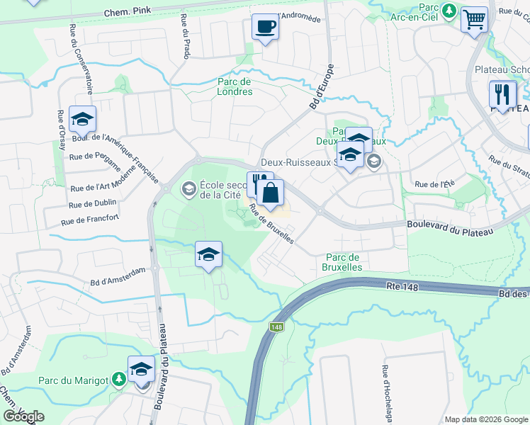 map of restaurants, bars, coffee shops, grocery stores, and more near 35 Allée de Hambourg in Gatineau