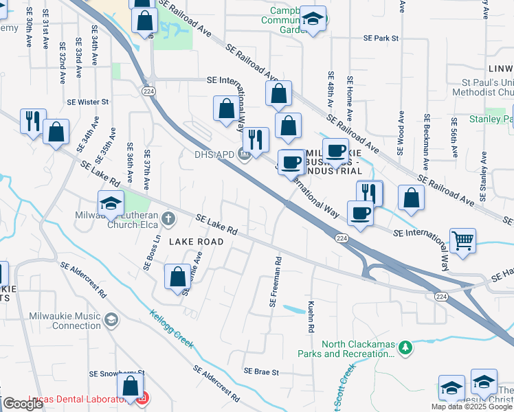 map of restaurants, bars, coffee shops, grocery stores, and more near 12600 Freeman Way in Milwaukie