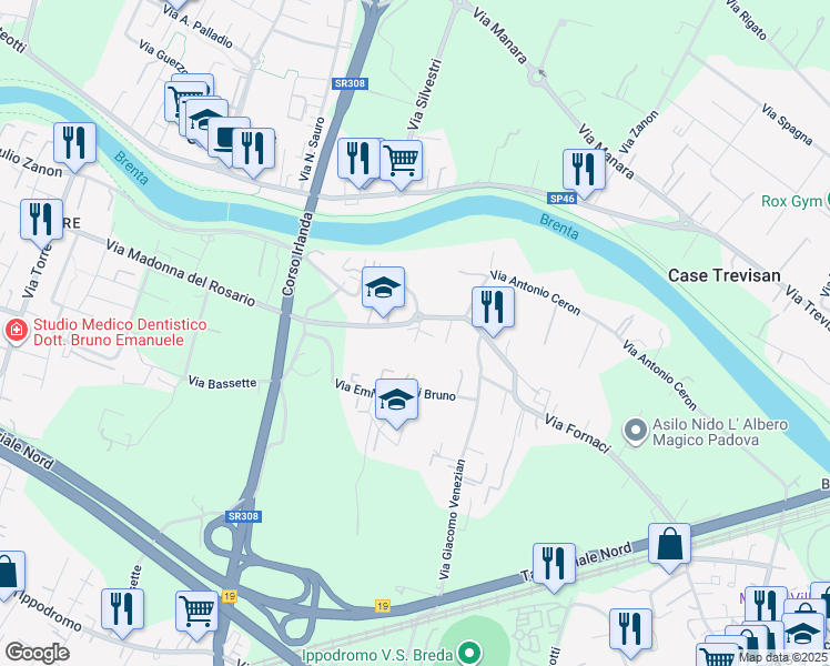 map of restaurants, bars, coffee shops, grocery stores, and more near 129 Via Madonna del Rosario in Padua