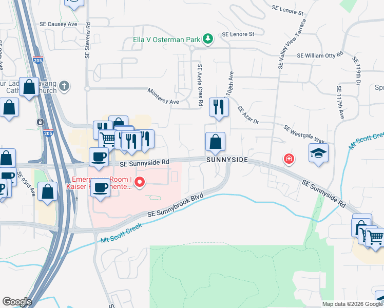map of restaurants, bars, coffee shops, grocery stores, and more near 10728 Southeast Sunnyside Road in Clackamas