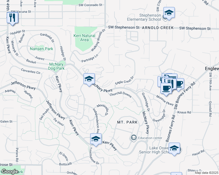 map of restaurants, bars, coffee shops, grocery stores, and more near 41 Churchill Downs in Lake Oswego