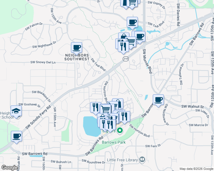 map of restaurants, bars, coffee shops, grocery stores, and more near 11959 Southwest Horizon Boulevard in Beaverton