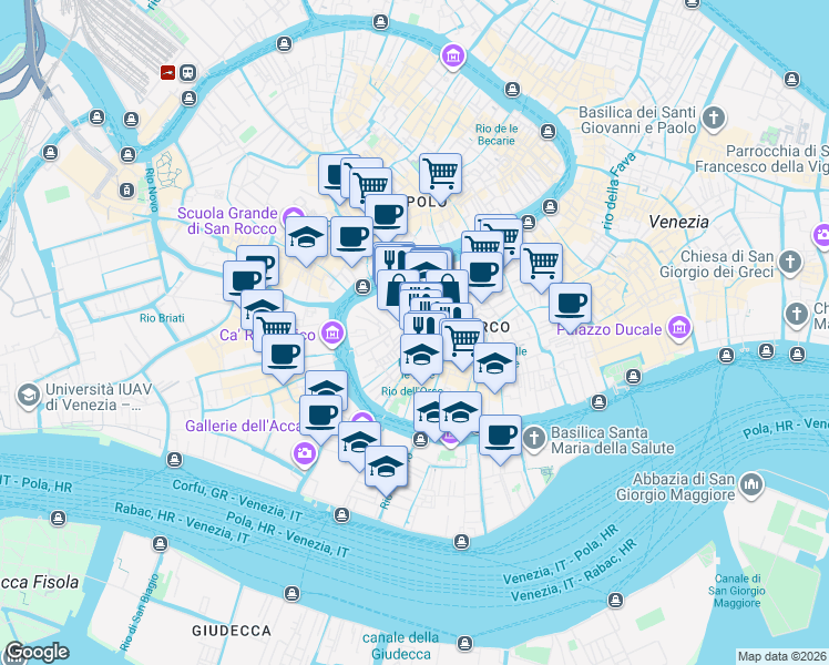 map of restaurants, bars, coffee shops, grocery stores, and more near Calle Muneghe Cannaregio in Venice