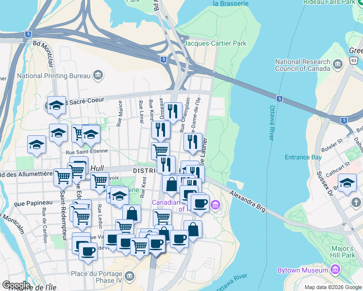 map of restaurants, bars, coffee shops, grocery stores, and more near 252 Rue Champlain in Gatineau