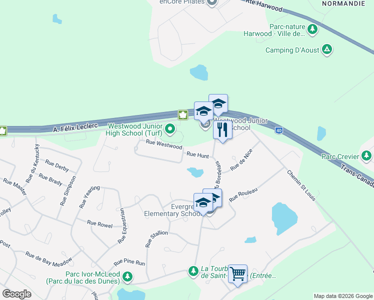 map of restaurants, bars, coffee shops, grocery stores, and more near 2426 Rue Hunt in Saint-Lazare