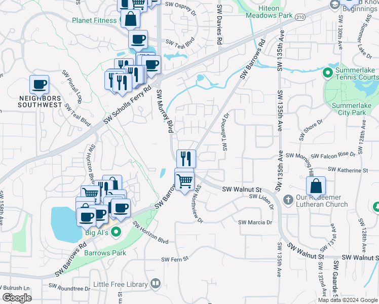 map of restaurants, bars, coffee shops, grocery stores, and more near 14198 Southwest Barrows Road in Tigard
