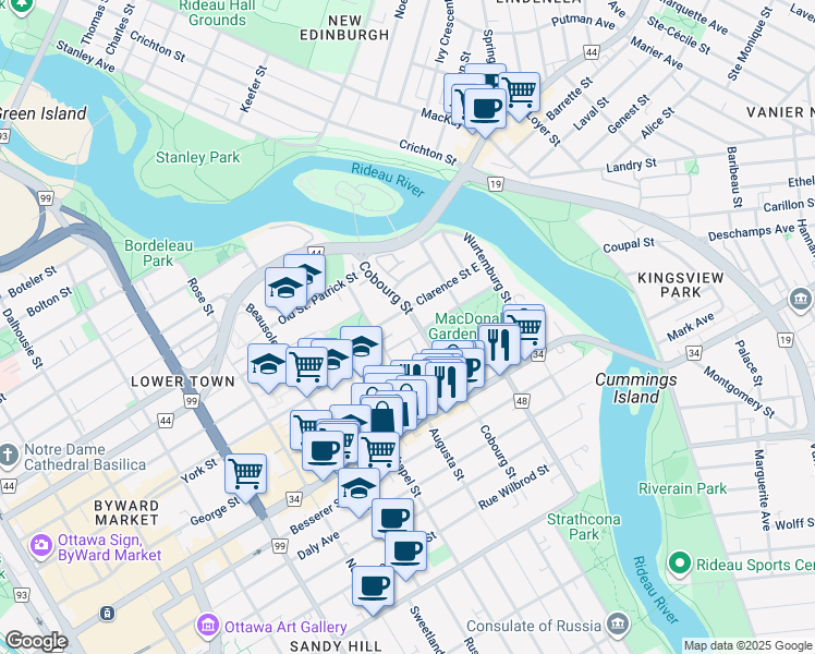 map of restaurants, bars, coffee shops, grocery stores, and more near 20 Heney Street in Ottawa
