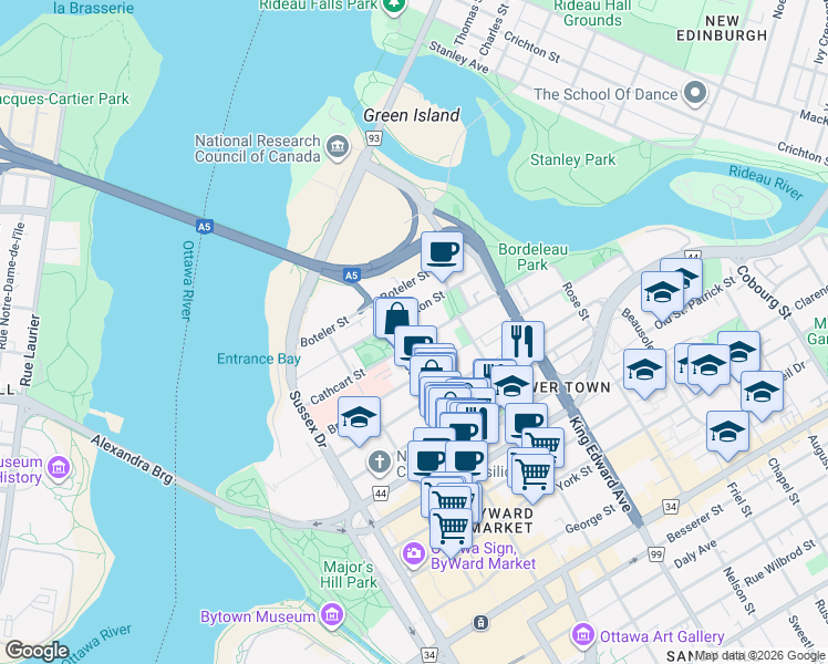 map of restaurants, bars, coffee shops, grocery stores, and more near in Ottawa