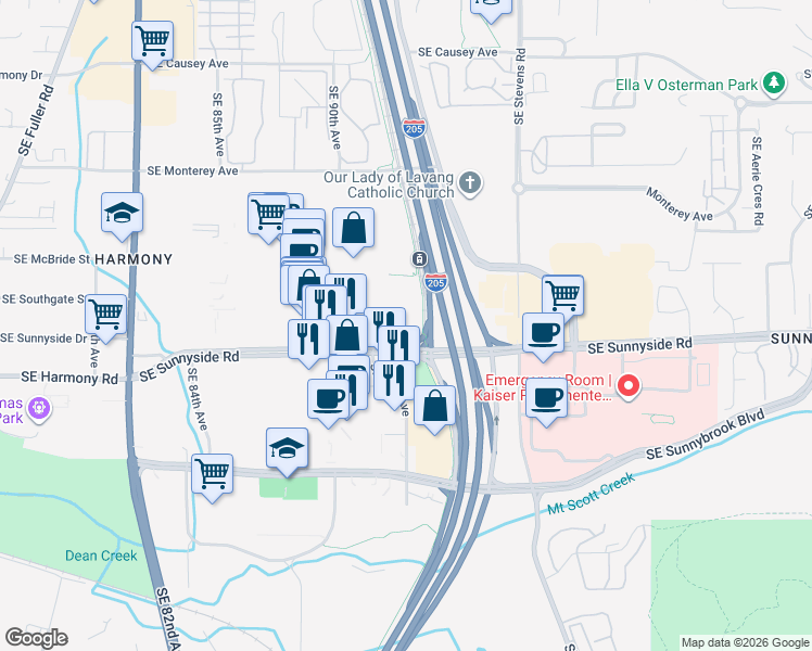 map of restaurants, bars, coffee shops, grocery stores, and more near in Clackamas
