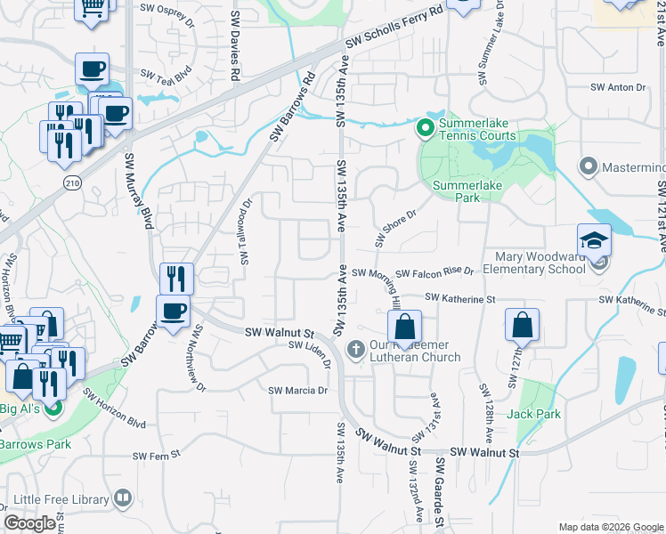 map of restaurants, bars, coffee shops, grocery stores, and more near 11905 Southwest Morning Hill Drive in Tigard