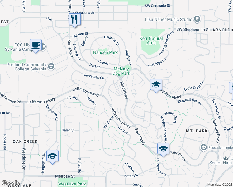 map of restaurants, bars, coffee shops, grocery stores, and more near 50 Kerr Parkway in Lake Oswego