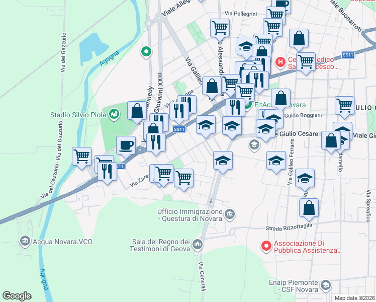 map of restaurants, bars, coffee shops, grocery stores, and more near 2 Via Aosta in Novara