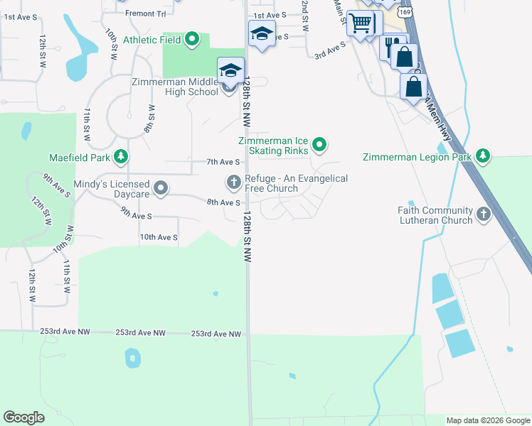 map of restaurants, bars, coffee shops, grocery stores, and more near 25554 Pine Ridge Road in Zimmerman