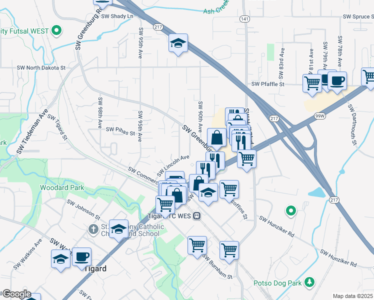 map of restaurants, bars, coffee shops, grocery stores, and more near 11895 Southwest Lincoln Avenue in Tigard