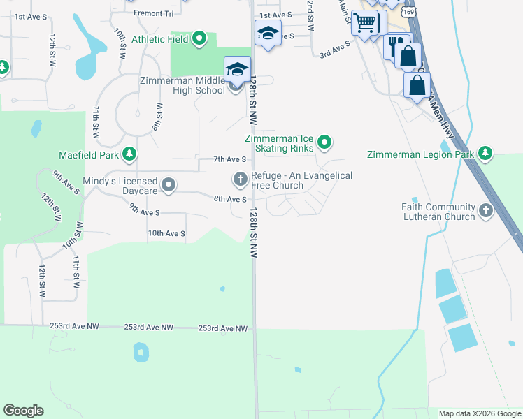map of restaurants, bars, coffee shops, grocery stores, and more near 25554 Pine Ridge Road in Zimmerman