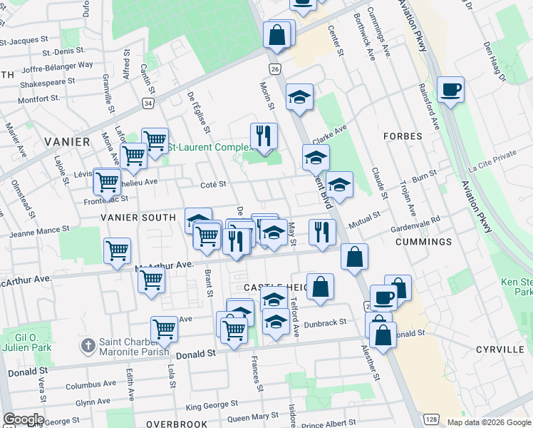 map of restaurants, bars, coffee shops, grocery stores, and more near in Ottawa