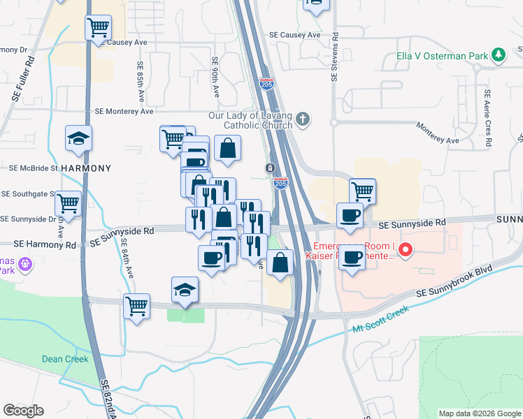map of restaurants, bars, coffee shops, grocery stores, and more near in Clackamas